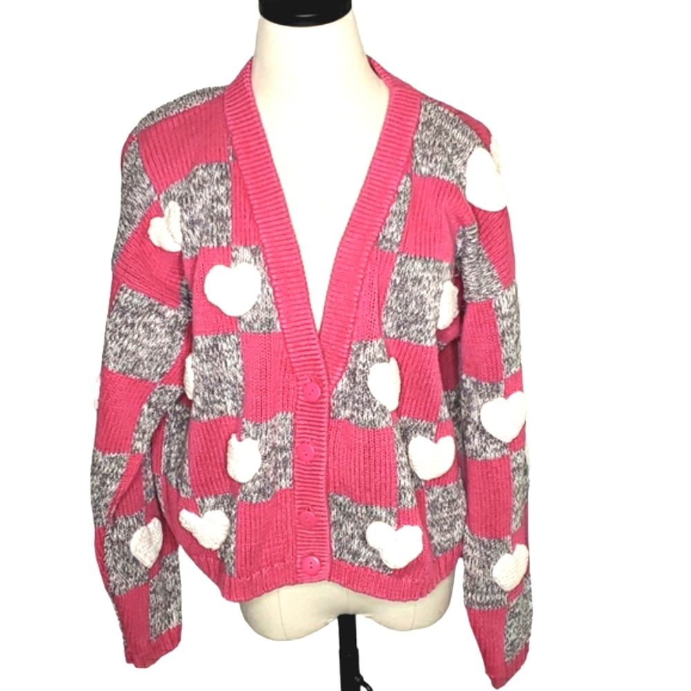 Vintage Hearts Hand Knit Checkered Boxy Cardigan Coastal Grandma Cottage Romance
